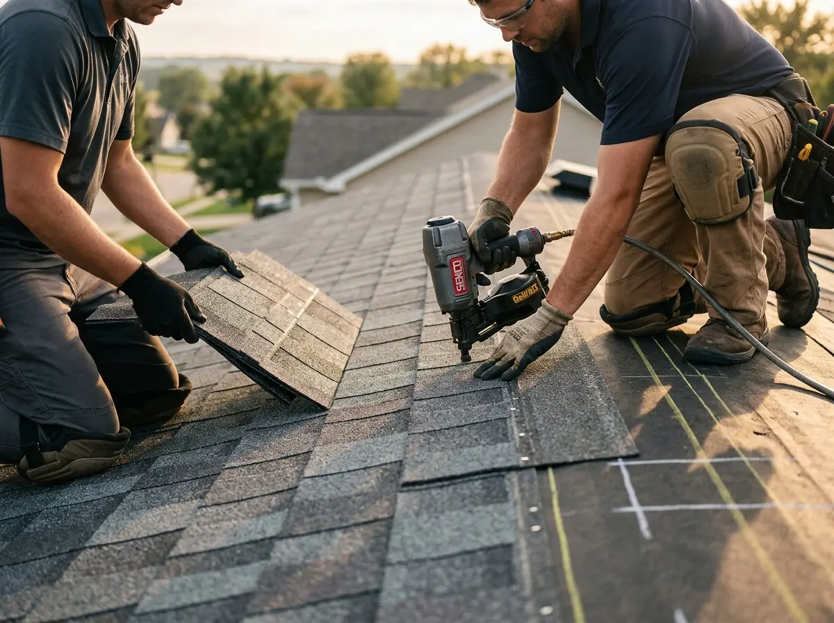 Professional roofer working on a residential roof in Nederland